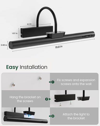 Bridika Picture Light Battery Operated, 19.7in Picture Lights for Wall, 3 Colors & Brightness Dimmable, Rechargeable Art Light for Paintings Photo Dartboard Gallery Bedroom Bathroom Black