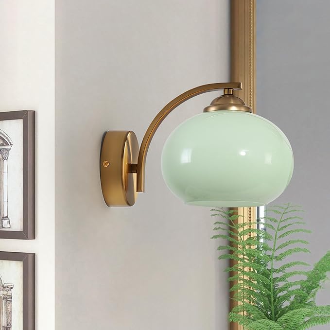 Vintage Green Glass Wall Sconce Brass Gold Wall Light Fixture Hardwired Mid Century Modern Bathroom Vanity Light Fixture