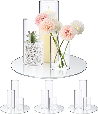 Sawysine 16 Pcs 2.6'' X 4.7'', 5.9'', 7.9'' Round Glass Mirror Trays Glass Cylinder Vase Wedding Table Flower Vase with Mirror Set Table Centerpiece Decoration for Wedding Decor Craft Baby Shower