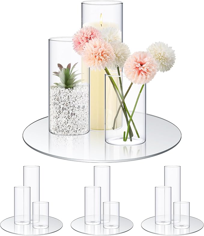 Sawysine 16 Pcs 3.4'' X 4.7", 7", 9.8" Round Glass Mirror Trays Glass Cylinder Vase Wedding Table Flower Vase with Mirror Set Table Centerpiece Decoration for Wedding Decor Craft Baby Shower