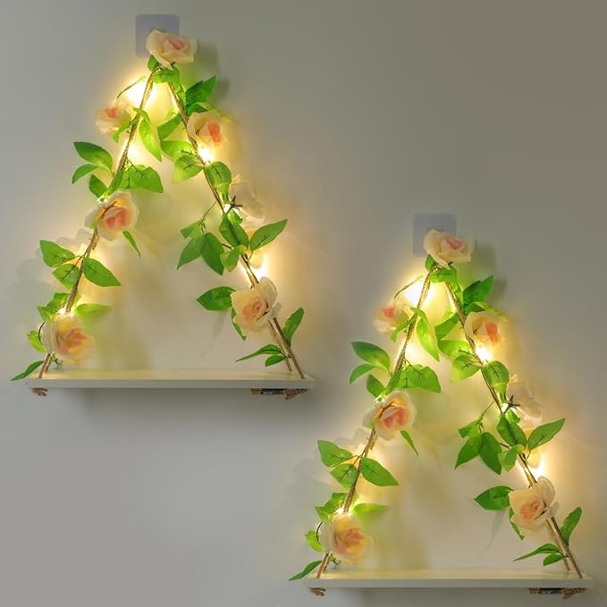 Shelf for Wall,Floating Shelves,Floating Shelves for Wall No Drilling,Adhesive Shelves,Command Strip Shelf,Room Decor Aesthetic,Plant Shelf Wall,Whimsical Decor,2-Piece Set(Champagne flowers)