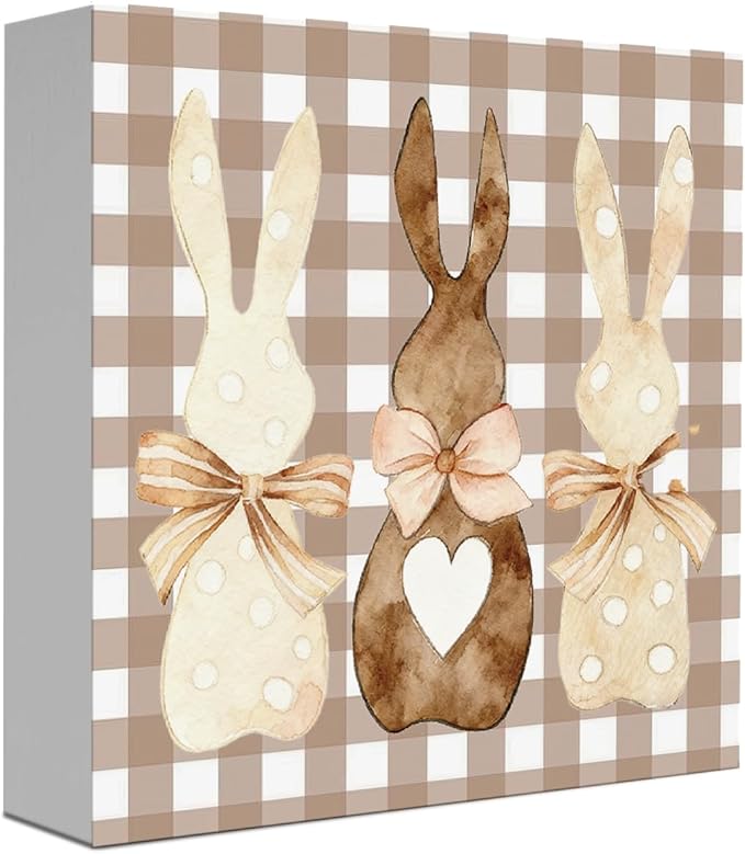 Funny Easter Sign Easter Bunny Decor Decorations Bunny Rabbit Bowknot Wooden Sign Table Decorations Indoor for Home Office Desk Table Shelf Tiered Tray Decor 5 X 5 Inch