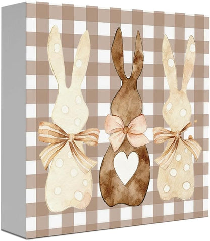 Funny Easter Sign Easter Bunny Decor Decorations Bunny Rabbit Bowknot Wooden Sign Table Decorations Indoor for Home Office Desk Table Shelf Tiered Tray Decor 5 X 5 Inch