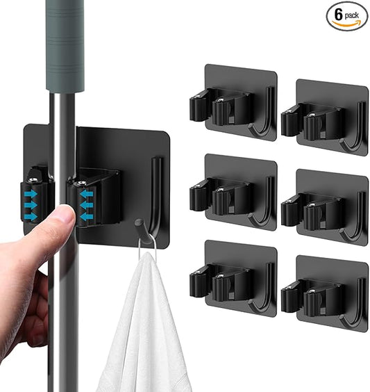 Mop Broom Holder No Drill, Mop Broom Organizer Wall Mounted Heavy Duty with Hooks Hanger, Self Adhesive Stainless Steel 6Pcs for Bathroom, Kitchen, Office (Black)