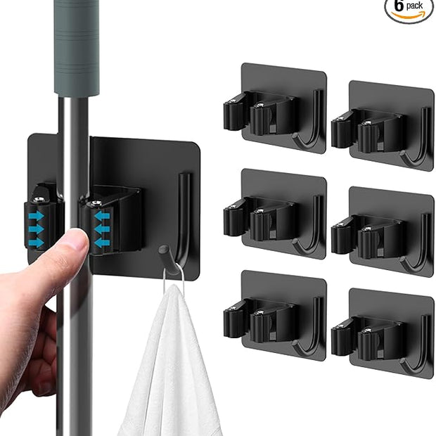 Mop Broom Holder No Drill, Mop Broom Organizer Wall Mounted Heavy Duty with Hooks Hanger, Self Adhesive Stainless Steel 6Pcs for Bathroom, Kitchen, Office (Black)