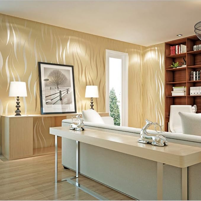 Q QIHANG Simple Fashionable Non-Woven Wallpaper 3D Embossed Three-Dimensional Flocking Foaming Wave Stripes Bedroom Living Room TV Background Wall Shop Decoration20.87 Wx393.7 L Non-Pasted (Beige)