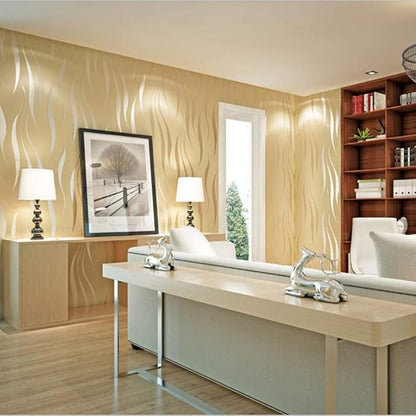 Q QIHANG Simple Fashionable Non-Woven Wallpaper 3D Embossed Three-Dimensional Flocking Foaming Wave Stripes Bedroom Living Room TV Background Wall Shop Decoration20.87 Wx393.7 L Non-Pasted (Beige)