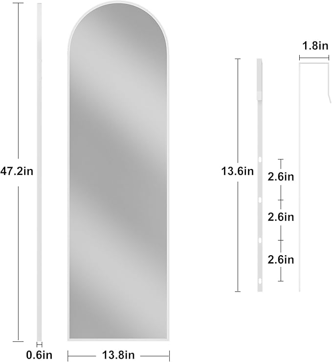 Vlush Door Mirror, Full Length Mirrors Over The Door, 14'' x 48'' Hanging/Rectangular Wall Mirror, Wall-Mounted/Hanging/Leaning, Home Decor,(White)