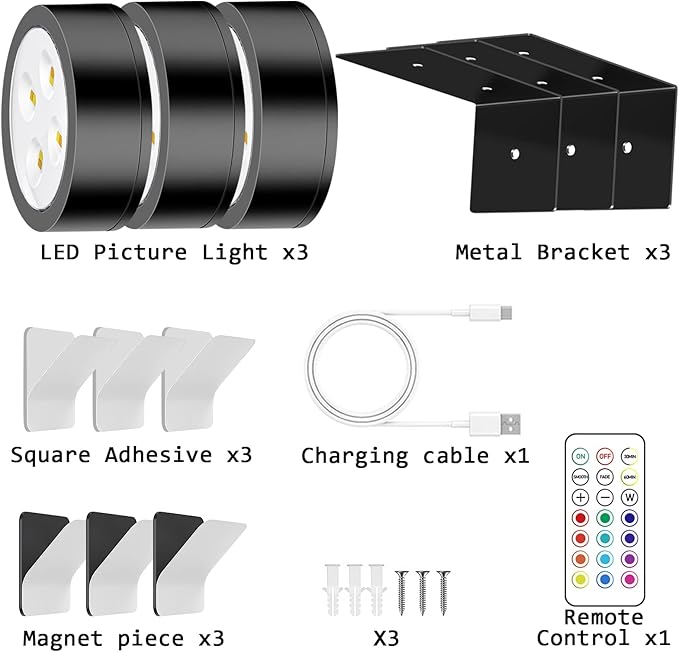 13 Color RGB Magnetic Led Art Display Light, Wireless Magnetic Picture Lights Rechargeable Battery-Powered Wall Frame Lights, Remote Control, and Timer 6Pack White