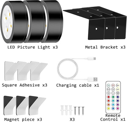 13 Color RGB Magnetic Led Art Display Light, Wireless Magnetic Picture Lights Rechargeable Battery-Powered Wall Frame Lights, Remote Control, and Timer 6Pack Gold