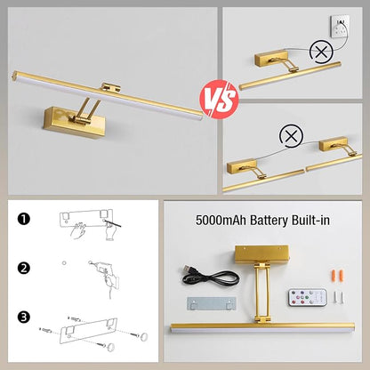 Picture Light,5200mAh Battery Picture Light with Remote, 16inches Metal Frame Light for Paintings, Rechargeable Display Wall Lamp for Gallery Portrait Artwork (Brass)