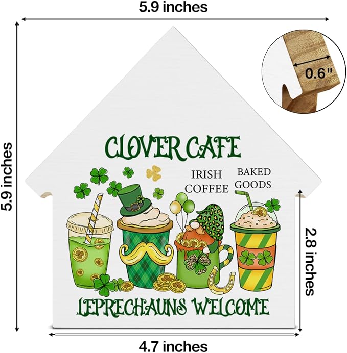 Coffee Sign Decor, St. Patrick's Day Kitchen Decor, Clover Cafe House Shaped Wood Block Sign, Home Coffee Bar Decorations for Desk Table Shelf, St Patricks Day Decorations