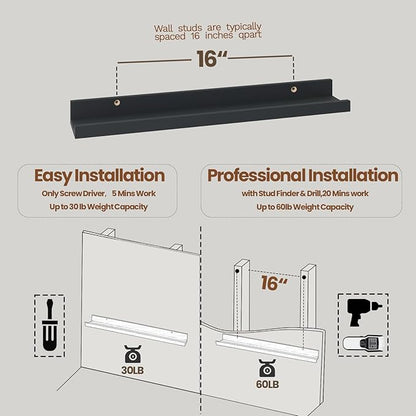 Heimlove Picture Ledge Shelf,24 inch Long Floating Shelves for Wall Set of 4,Black Picture Shelf with Lip for Wall Decor,Living Room,Bedroom,Bookshelf,Nursery,Perfume
