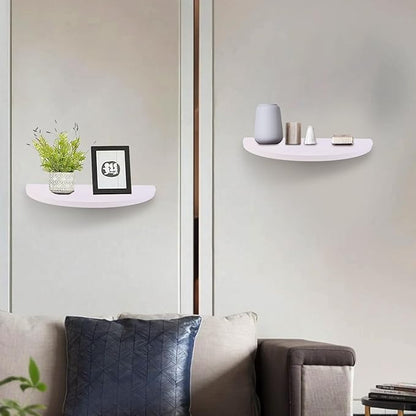 Small Floating Plant Shelves Set of 2 - Rustic Wood Half Circle Shelves for Bedroom Living Room Bathroom Kitchen Office (White)