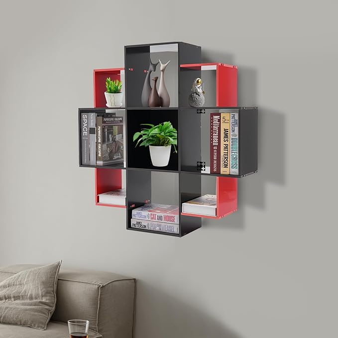 3-Tiers Wall Mounted Geometric Bookshelf, Morden Irregular Nine-Grid Bookshelf, 90cm Tall Decorative Display Shelf (Red+Black)