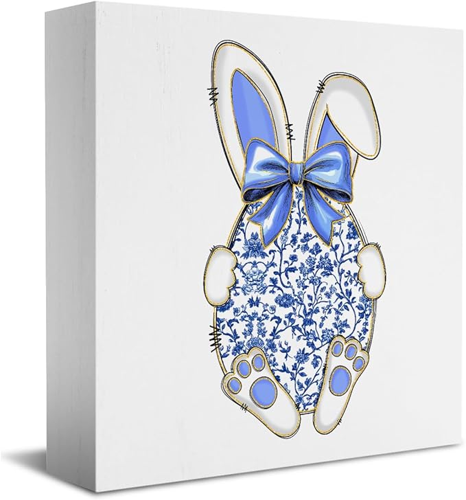 Funny Easter Decorations Easter Table Decor Egg Bunny Decor Blue And White Chinoiserie Decor Wooden Box Sign for Home Office Bedroom Living Room Desk Shelves