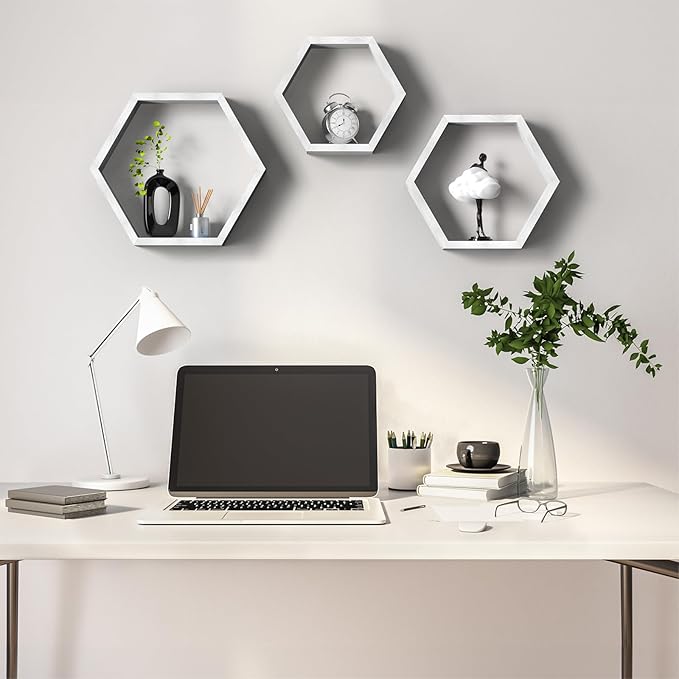 CADUKE Hexagon Floating Shelves Set of 3, White Wooden Hexagon Shelves for Wall Decor, Modern Honeycomb Floating Hanging Shelf, Decorative Wall Organizer for Living Room, Bedroom, Bathroom