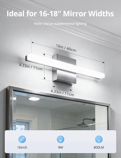 Combuh Modern Bathroom Light Fixtures Over Mirror, 16 Inch IP44 9W Chrome Vanity Light Bar for Bathroom, Wall Light Fixtures Cool White 6000K