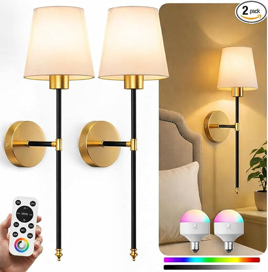 Wall Sconces Battery Operated Set of 2, Rechargeable Wall Sconce, 10 Colors Wireless Wall Sconces Set of Two, 5200mAh Dimmable Bulbs and Remote, for Bedroom Living Room, Hallway (Black-Gold - 24 inch)