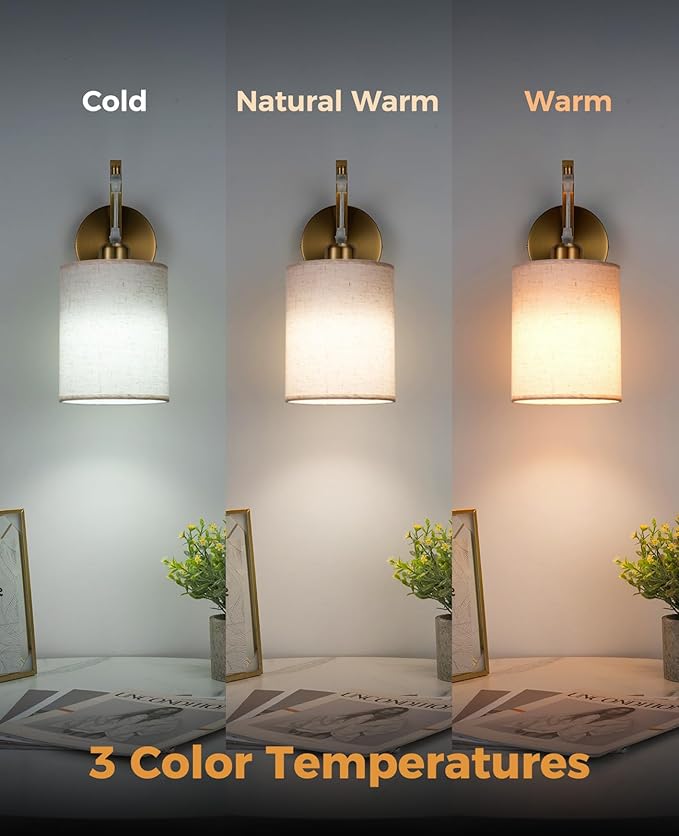 Battery Operated Wall Sconce Set of Two, Pleated Fabric Rechargeable Wireless Wall Sconces with 13000mAh Bulb & Dimmable, Battery Sconces Wall Light Decor Set of 2 for Living Room, Gold