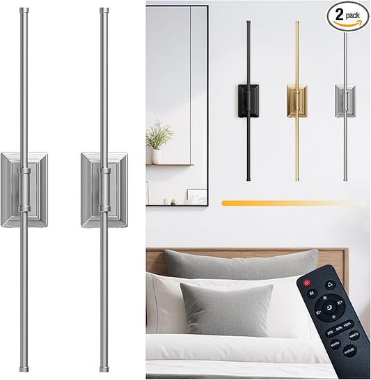 Battery Operated Wireless Wall Sconce - Modern Rechargeable Led Sconces in Black Gold Silver - Bedroom Decor Stick On Lights Set of 2 - Long Indoor Living Room Bathroom Remote Wall Light