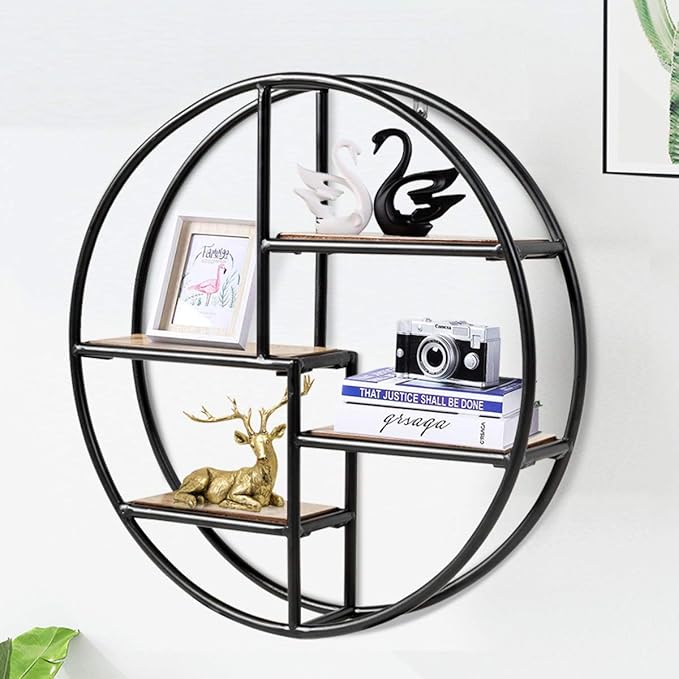 Tangkula Round Wall Shelf, Wall-Mounted Circular Shelf, Wood & Iron Wall Hanging Shelves, 4-Tier Circle Shelf Wall Decor for Home Office, Circular Floating Shelves (1, Black)