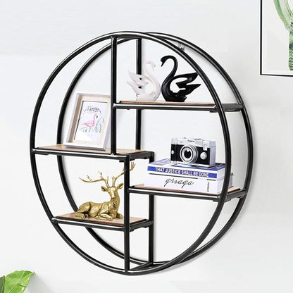 Tangkula Round Wall Shelf, Wall-Mounted Circular Shelf, Wood & Iron Wall Hanging Shelves, 4-Tier Circle Shelf Wall Decor for Home Office, Circular Floating Shelves (2, Black)