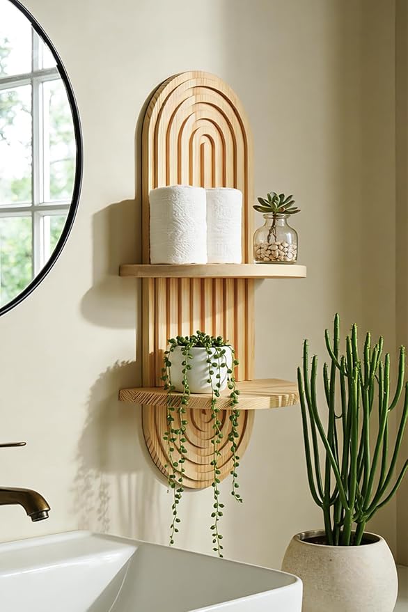 Boho Wall Shelf, 17" MCM Arched Decorative Floating Shelves, Wooden Round Shelf for Plants, Entryway, Bathroom & Bedroom, Natural Oak