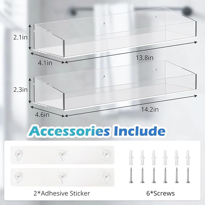 2Pack Acrylic Shower Shelves, Adhesive Bathroom Shower Caddy Organizer, No Drilling/Drilling Wall Floating Shelves for Bathroom Storage Kitchen Home Décor, No Hook