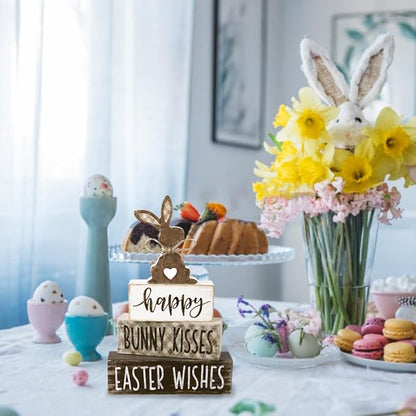 DIYDEC 4Pcs Easter Tabletop Decorations Bunny Wooden Block Signs Gift Rustic Tiered Tray Decor Happy Easter Centerpiece Farmhouse Wood Rabbit Table Sign for Kitchen Home Office Party Decor