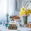 DIYDEC 4Pcs Easter Tabletop Decorations Bunny Wooden Block Signs Gift Rustic Tiered Tray Decor Happy Easter Centerpiece Farmhouse Wood Rabbit Table Sign for Kitchen Home Office Party Decor