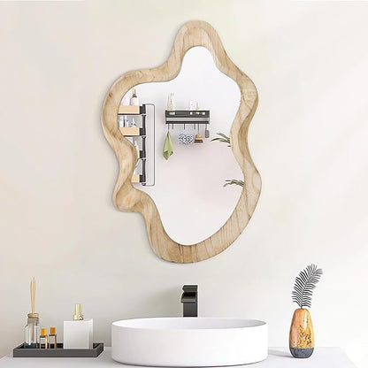 Large Asymmetrical Wall Mirror Irregular Wood Frame Mirror Modern Unique Wall-Mounted Artistic Wavy Mirror Decor Bathroom Vanity Bedroom Living Room Entryway Hallway 21.6"x15" Natural