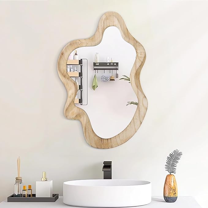 Large Asymmetrical Wall Mirror Irregular Wood Frame Mirror Modern Unique Wall-Mounted Artistic Wavy Mirror Decor Bathroom Vanity Bedroom Living Room Entryway Hallway 21.6