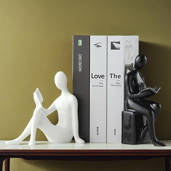 Home Decorative Reading Couple Statue Bookends Elegant Ceramic Bookshelf Room Office Desk Decor,Paper Weights, Book Ends,Bookend Supports, Book Stoppers, Set of 2 (Black and White)