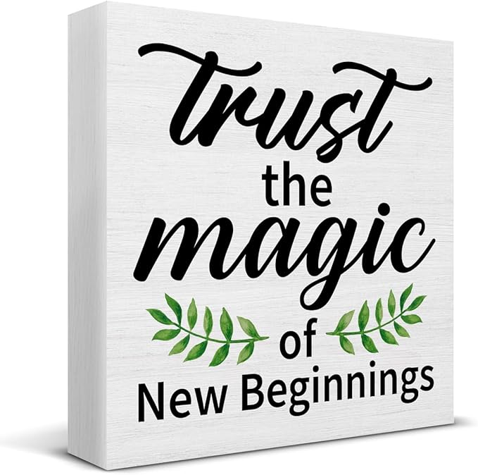 Inspirational Desk Decor New Beginnings Gift for Women Men, Rustic Trust the Magic of New Beginnings Wooden Sign Decorations for Home Office Desk Shelf Table 5 x 5 Inches