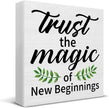 Inspirational Desk Decor New Beginnings Gift for Women Men, Rustic Trust the Magic of New Beginnings Wooden Sign Decorations for Home Office Desk Shelf Table 5 x 5 Inches