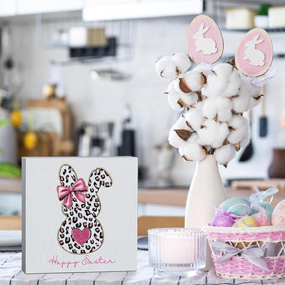 Pink Happy Easter Sign Easter Table Decor Leopard Print Bunny Decor Blue And White Chinoiserie Decor Wooden Box Sign for Home Office Bedroom Living Room Desk Shelves