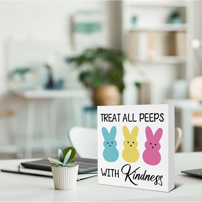 Easter Decor - Easter Decorations - Treat with Kindness Wooden Sign Home Office Living Room Bedroom Desk Table Shelf Decor - 5 x 5 Inches