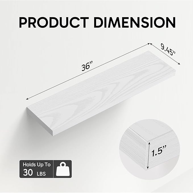 BAYKA Floating Shelves for Wall, 36 inches Long Wall Mounted Rustic Wood Shelves for Bathroom, Bedroom, Living Room, Kitchen, Office, Hanging Shelf for Books/Storage/Decor(White,Set of 2)