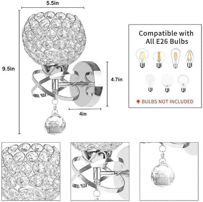 TISLYCO Crystal Wall Sconces Set of Two, Modern Wall Light Sconces Wall Lighting with Hanging Crystal Ball, Wall Mount Lamp Bedside Wall Lamp Silver Sconces Wall Light for Bedroom Living Room Hallway