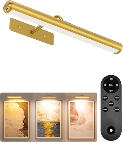 EZVALO Wireless Picture Light for Wall, 13Inch 4000mAh Rechargeable Battery Painting Light with Remote, 3 Color Temps Dimmable Gold LED Art Light for Gallery, Living Room, Hallway