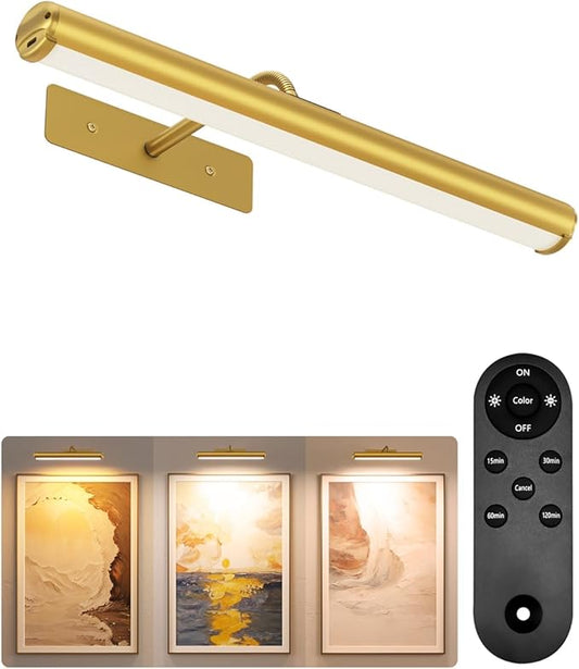 EZVALO Wireless Picture Light for Wall, 13Inch 4000mAh Rechargeable Battery Painting Light with Remote, 3 Color Temps Dimmable Gold LED Art Light for Gallery, Living Room, Hallway