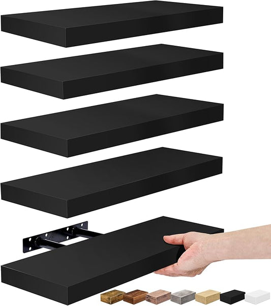 Sorbus Floating Shelves for Wall – 16 Inch Floating Shelf for Kitchen, Bedroom, Living Room, Bathroom, Home & Wall Decor - Mounted Bathroom Shelves with Invisible Brackets (Black, 5 Pack)