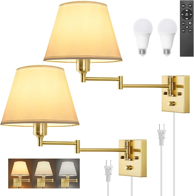 TRLIFE Dimmable Wall Sconce, Remote Control Dimming 10-100% and Adjustable Color Temperature 2700K-6500K Brushed Brass Swing Arm Wall Lights with Plug in Cord, 9.4