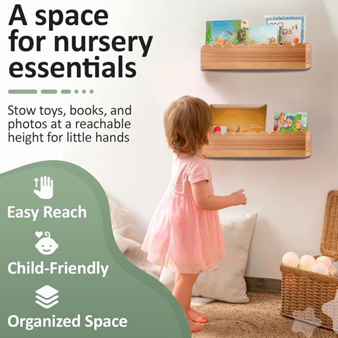 Scalloped Shelves - Set of 2 Pre-Assembled 15.6inch Floating Nursery Book Shelves, Scalloped Book Shelf - Kids Wall Bookshelf, Nursery Decor, Floating Shelves for Wall