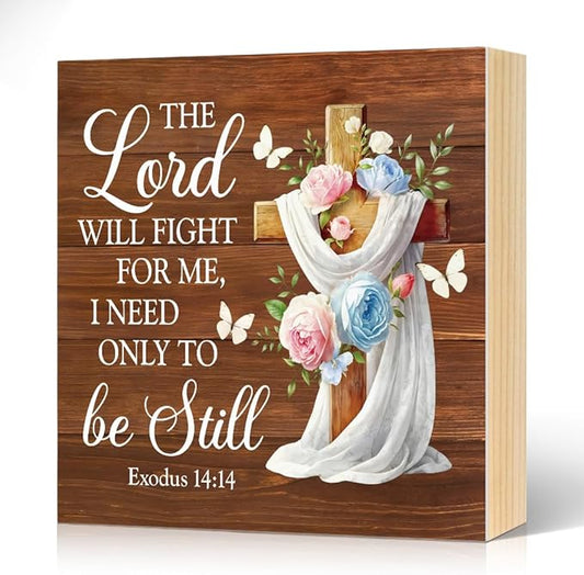 The Lord Will Fight for You Need Only To Be Still Wood Block Plaque Box Sign for Home Living Room Coffee House Bar Shelf Table Decoration, Exodus 14:14 Bible Verse Decor Gifts for Friends