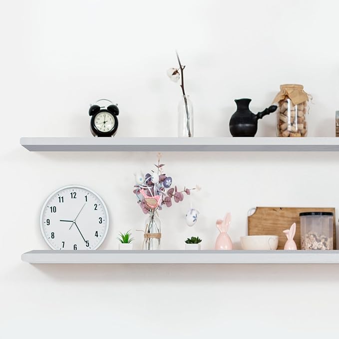 Floating Shelves 24 Inches Long, Set of 2 Solid Rustic Wood Wall Mounted Shelves, Wall Picture Ledge Shelf with Invisible Metal Brackets for Living Room, Bedroom, Bathroom, White