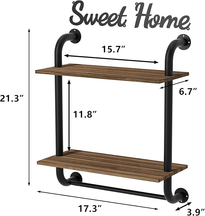 Bathroom Shelves Wall Mounted, Rustic Farmhouse Pipe Shelves, 2-Tier, Industrial Shelving Over Toilet, Floating Shelf Decor for Bathroom, Kitchen, Bedroom, Living Room 17.3 inch