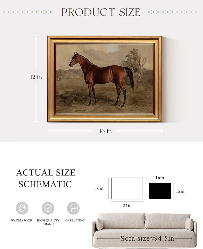 VIYYIEA Gold Framed Canvas Prints Art,12x16Inch, Vintage Horse Painting, Rustic Farmhouse Cottage Equestrian Wall Decor for Bathroom Bedroom Hallway shelf bookshelf Library, Earthy Tones