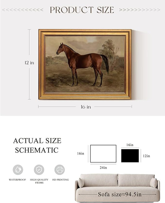 VIYYIEA Gold Framed Canvas Prints Art,12x16Inch, Vintage Horse Painting, Rustic Farmhouse Cottage Equestrian Wall Decor for Bathroom Bedroom Hallway shelf bookshelf Library, Earthy Tones